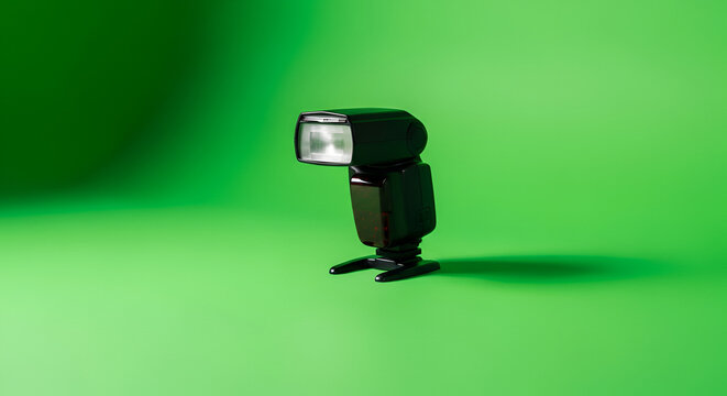 Portable External Camera Flash Unit With Light Diffuser and Stand on a Vivid Green Studio Background With Dramatic Shadowing and Soft Lighting
