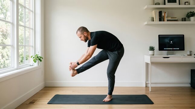 Man doing standing hamstring stretch on yoga mat in home office