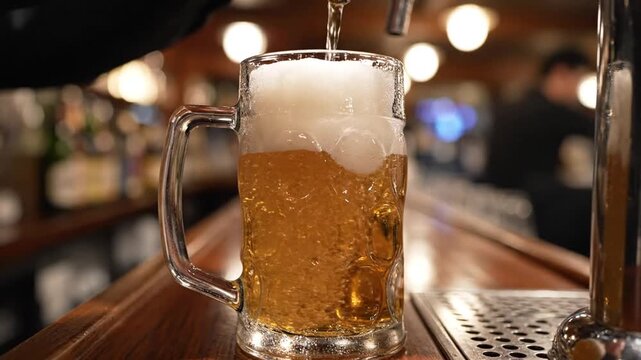 Macro view of golden lager liquid cascading into a tall crystal tankard inside a rustic tavern backdrop, developing a thick frothy crown of white bubbles in detailed 4K resolution.