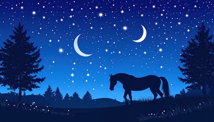 A silhouetted horse grazes under a starry night sky with two moons and trees