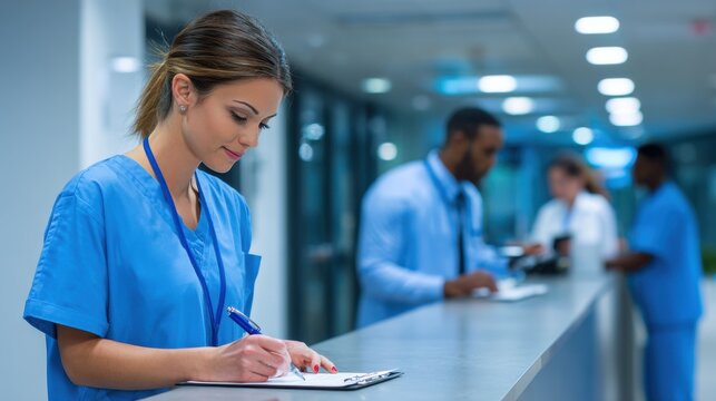 Hospital staff processing health insurance claim for patient on blurred background