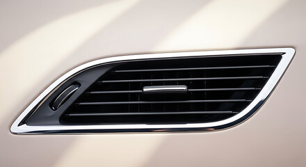 Close-up view of a cars air vent with a chrome trim.