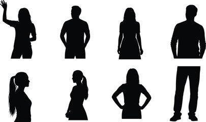 People silhouettes set, men and women standing in different poses, human character figures vector illustration collection