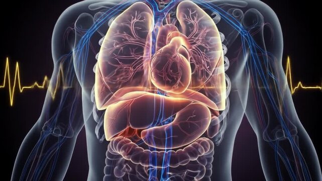 Transparent human torso revealing illuminated organs vascular  skeletal systems and an electrocardiogram on both sides