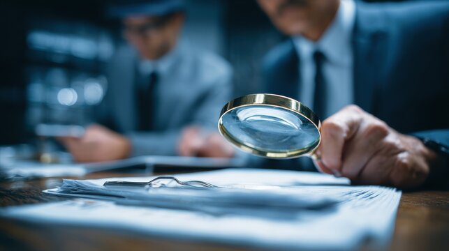 Insurance fraud investigation team analyzing suspicious claim on blurred background