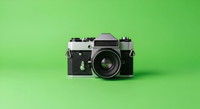 Retro SLR Camera with Silver and Black Body on a Vibrant Green Seamless Background Minimalist Studio Product Shot High Detail Macro Photography