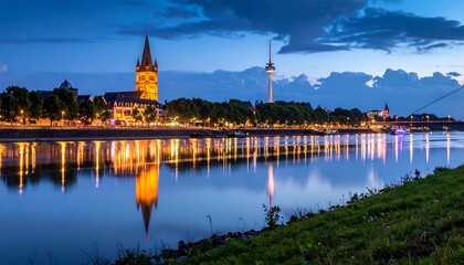 Cologne's skyline reflecting over the Rhine river at dusk, North Rhine-Westphalia