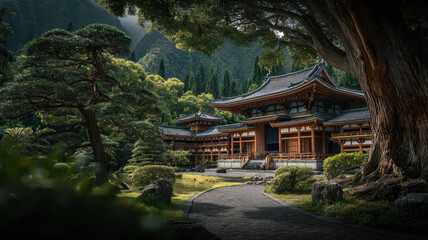 Zen Buddhism, meditation, inner peace, Chinese Japanese Asian tradition. Therapy stress release treatment, health lifestyle. A Japanese temple nestled in a lush forest, surrounded by tall trees.