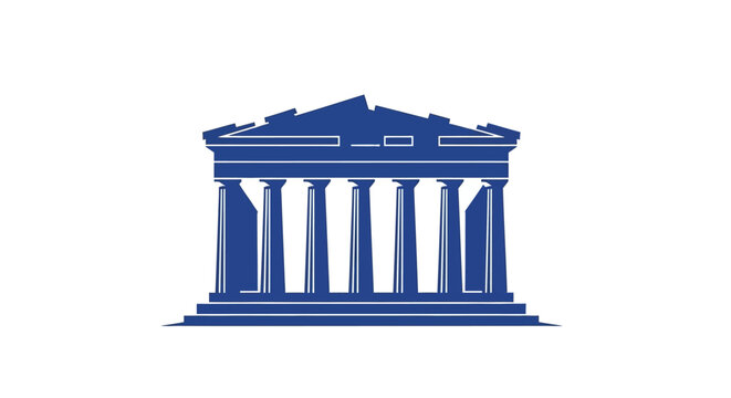 Illustration of an ancient Greek historic building with columns and a triangular roof, symbolizing The Independence Day of Greece, with a blue design on a white background.