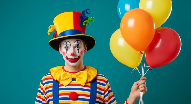 April fools' day clown prankster holding colorful balloons on funny holiday