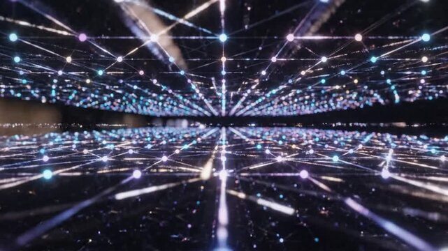 Abstract futuristic digital network with interconnected luminous nodes forming a complex communication grid and cyber data nexus against a deep black background illustration.