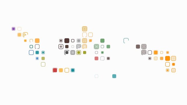 Indonesia map animation. Shape of the country with pulsating colored dots. Large size rounded square blocks. Digital style Indonesia map on white background. Stylish video.