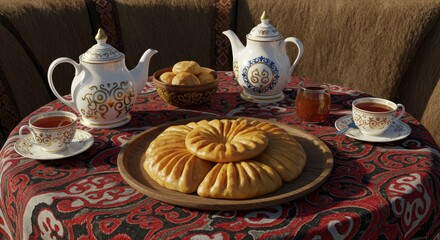 Fototapeta premium Traditional Tea Ceremony with Baked Goods and Decorative Teaware