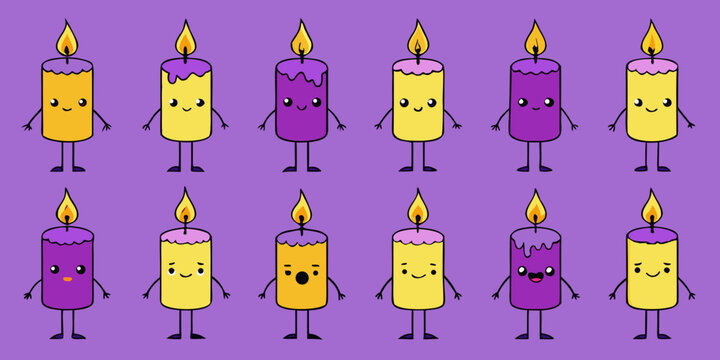 Cute kawaii candle character emoji set, glowing doodle cartoon icons, Neon cute candle emoticon collection, hand drawn funny fire character stickers.