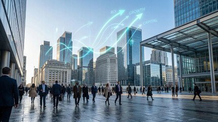 Obraz premium Investment growth strategies urban financial district business analysis modern architecture aerial perspective return on investment roi concepts