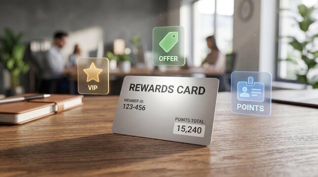 Rewards card on wooden desk with blurred office background and loyalty program icons