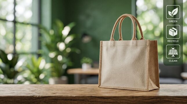 Eco friendly jute tote bag on wooden table in green room with plants