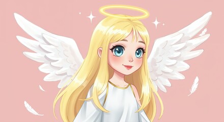 Naklejka premium Serene Angelic Presence: A beautifully illustrated angel, radiating serenity with a celestial halo, luminous wings, and a tender smile.