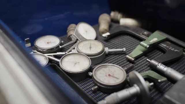 Vintage dial indicators and micrometers resting in a machinist toolbox drawer