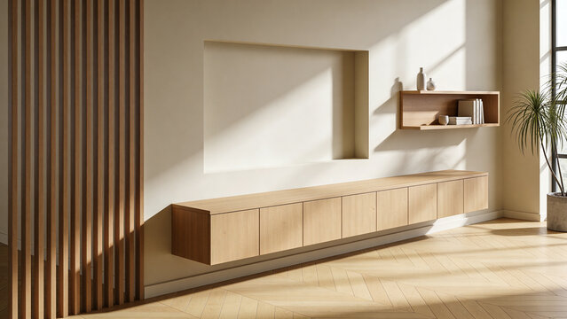 Modern minimalist living room interior with sleek wooden floating TV cabinet and wall-mounted shelf, featuring natural light and warm neutral tones