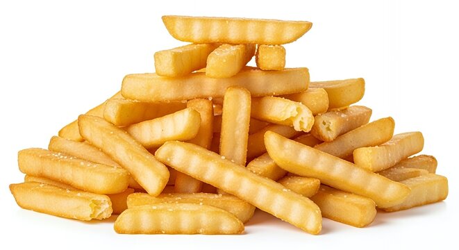 A pile of golden fried crinkle cut french fries on a white background