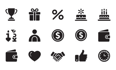 Collection of icons related to rewards, gifts, and finance, including trophies and coins
