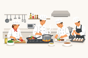 Professional Chefs Working and Cooking in a Restaurant Kitchen. Team of Cooks Preparing Food, Slicing Vegetables, Stirring Soup, Plating Meals, and Baking Pastries. Simple Flat Vector Illustration.