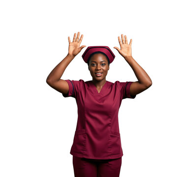 African American Female Nurse in Maroon Scrubs Holding Hands Up for Social Justice and Implicit Bias