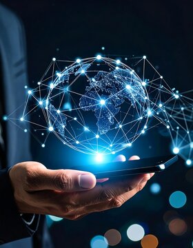 A hand holds a glowing smartphone, displaying a 3D model of Earth connected by a network of lines.  Global connectivity concept