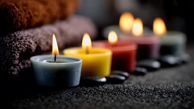 Therapy stress release treatment, health lifestyle. A tranquil scene of candles and pebbles arranged on a black surface, with a blurred background, suggesting a spa setting. The candles emit a warm.