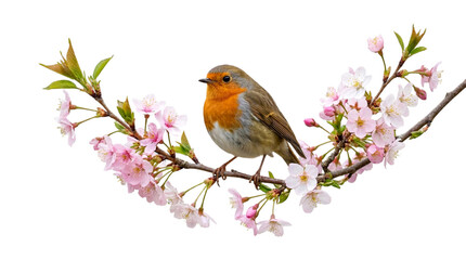 Fototapeta premium European Robin Bird on Sakura Cherry Blossom Branch Isolated Transparent Background