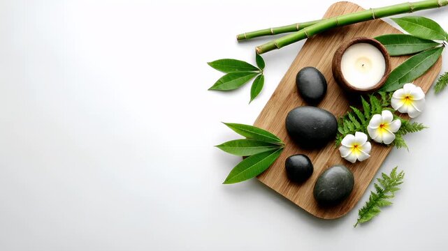 Therapy stress release treatment, health lifestyle. A tranquil spa setting with a wooden board adorned with black pebbles, white flowers, and green leaves, accompanied by a candle in a wooden bowl.