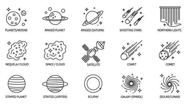 Collection of Astronomical Objects and Celestial Phenomena Icons Representing Space Exploration and Astronomy
