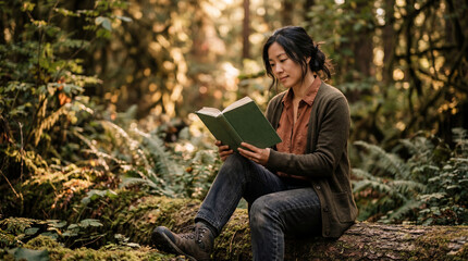 Fototapeta premium A peaceful shot of a woman sitting on a moss-covered log in a lush forest while reading a book, illuminated by soft natural sunlight through trees