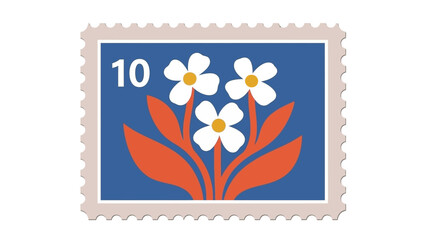 Obraz premium Charming retro postage stamp concept showcasing stylized white flowers and vibrant red foliage on a deep blue background, representing natural beauty, artistic design, and nostalgic communication