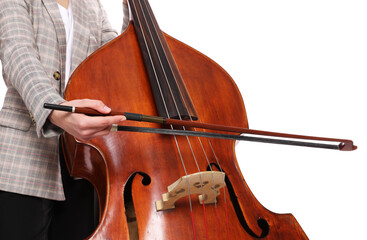 Girl playing double bass on white background, closeup