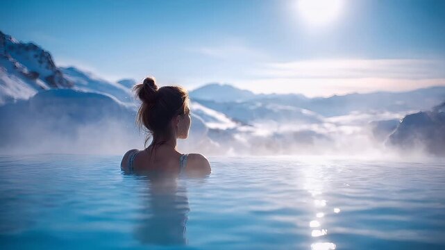 Therapy stress release treatment, health lifestyle. A woman in a blue lagoon, surrounded by snowcapped mountains and a clear blue sky. The sun casts a warm, golden light on the scene.
