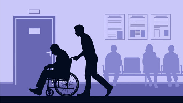 Caregiver gently pushes a patient in a wheelchair through a hospital waiting room, illustrating medical assistance, compassionate support, and patient care within a healthcare facility setting