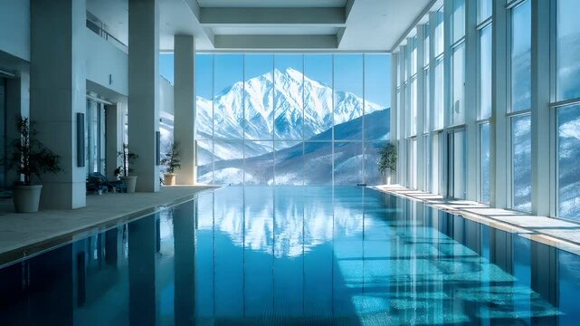 Therapy stress release treatment, health lifestyle. A large indoor swimming pool with a panoramic view of snowcapped mountains. The pool is surrounded by houseplants, chairs, and large glass windows.