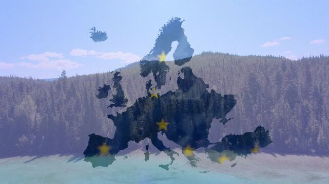 Translucent Europe map fading in over coastal forest, stars pulsing to highlight technology hubs
