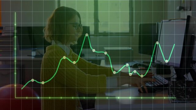 Green line graph from left showing nodes causing woman typing, leaning, moving hands, tracking data