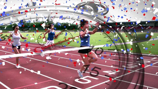Three female runners sprinting on track, breaking tape under stopwatch, confetti falling