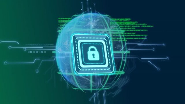 digital globe appearing and rotating while microchip padlock pulsing sending data showing security