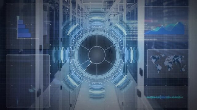 Rotating HUD disk scanning data center, system running diagnostics as panels cycling charts, code
