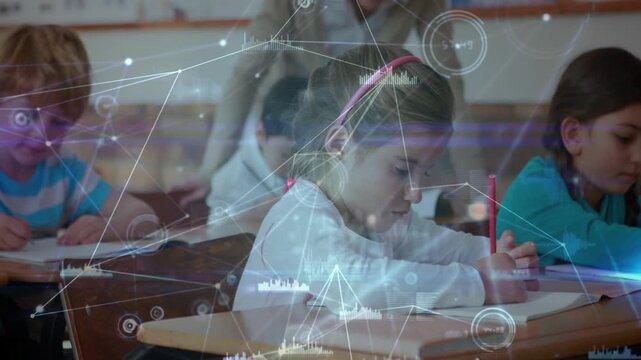 Girl writing with pink headband in classroom, HUD rising over books showing skills, teacher behind