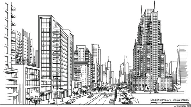 Professional architectural sketch of an Urban Canyon featuring a towering metropolitan streetscape with high-rise residential buildings and tiered skyscrapers in deep perspective.