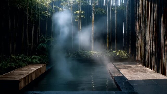 Therapy stress release treatment, health lifestyle. A tranquil bamboo forest with a wooden bench situated in the middle, surrounded by lush greenery and illuminated by soft, diffused light.