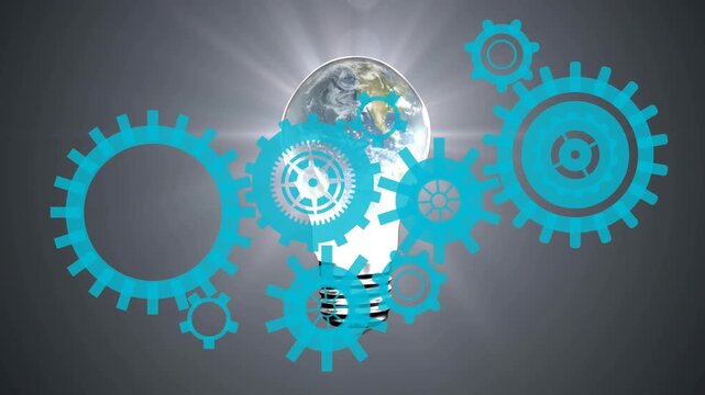 On playback cyan gear cluster rotating and revealing upper planet and striped disc for designers