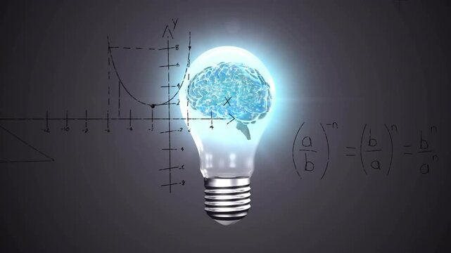 Frames progressing bulb with brain hovering, sketches forming around bulb, showing math thinking