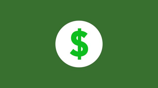 Minimalist dollar sign animation in white circle over green background showing currency symbol appearing on screen for finance banking business money concept video clip loop design element